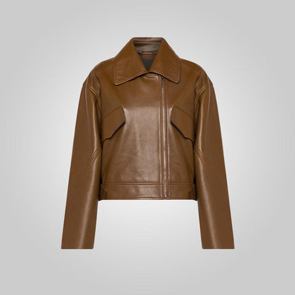 Women Brown Pointed Collar Plain Leather Jacket - Leather Loom