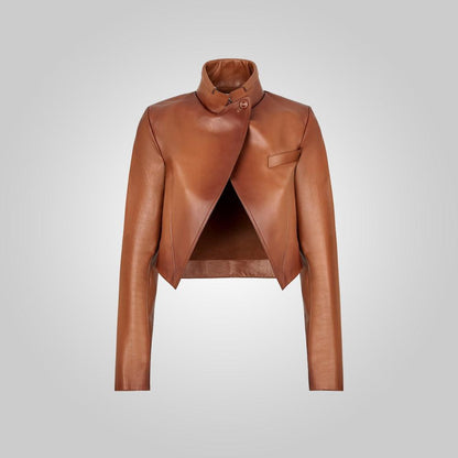 Women Cropped Goatskin Brown Leather Jacket - Leather Loom