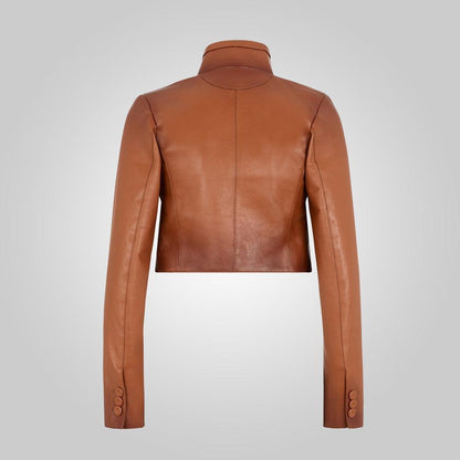 Women Cropped Goatskin Brown Leather Jacket - Leather Loom