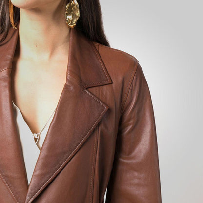 Women Goatskin Belted Brown Leather Jacket - Leather Loom