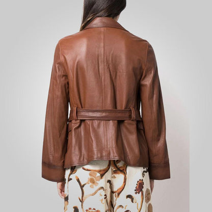 Women Goatskin Belted Brown Leather Jacket - Leather Loom