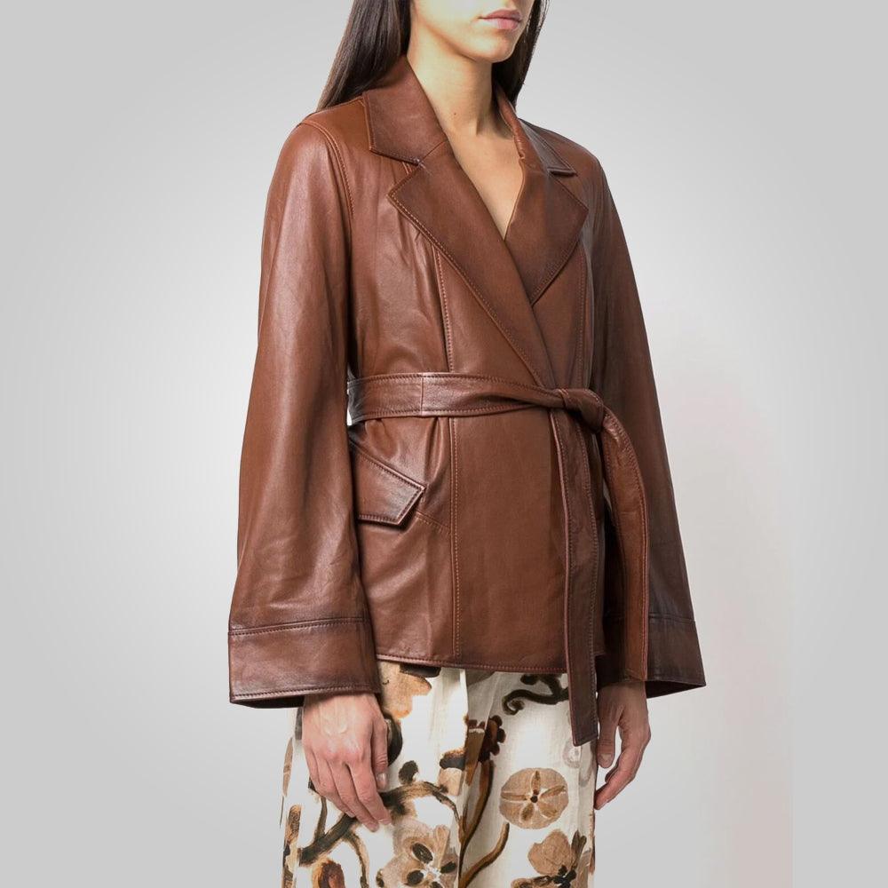 Women Goatskin Belted Brown Leather Jacket - Leather Loom