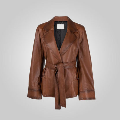 Women Goatskin Belted Brown Leather Jacket - Leather Loom