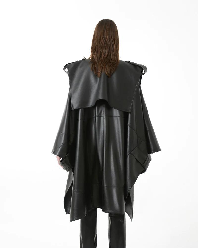 Women Oversized Cape Leather Trench Coat - Leather Loom