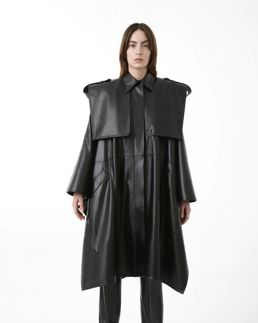 Women Oversized Cape Leather Trench Coat - Leather Loom