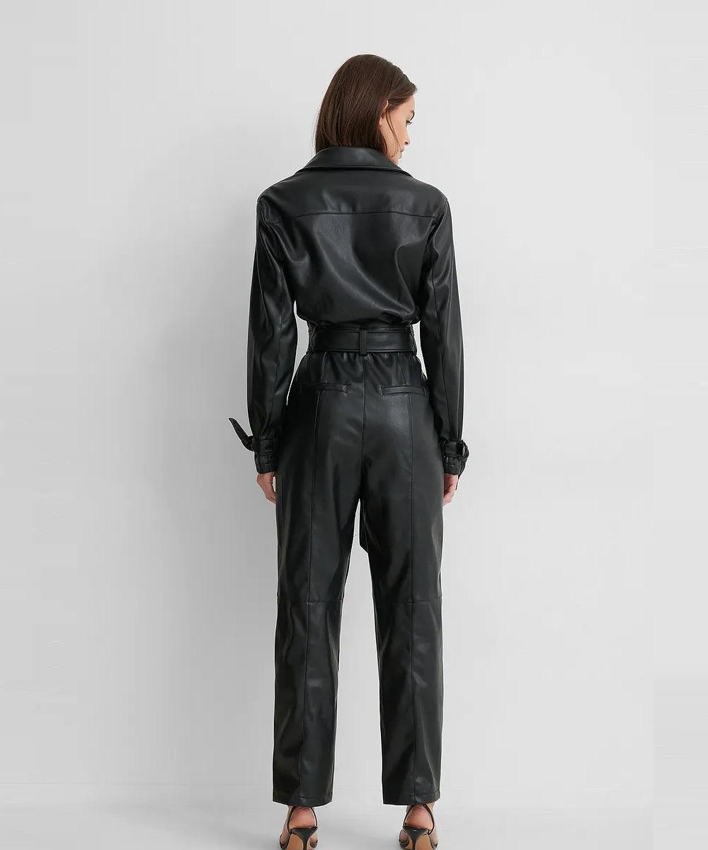 Women's Black Sleeved Genuine Lambskin Leather Jumsuit - Leather Loom