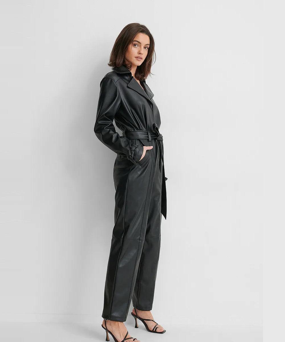 Women's Black Sleeved Genuine Lambskin Leather Jumsuit - Leather Loom