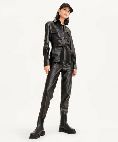 Women's Black Sheepskin Leather Dress Jumpsuit - Leather Loom