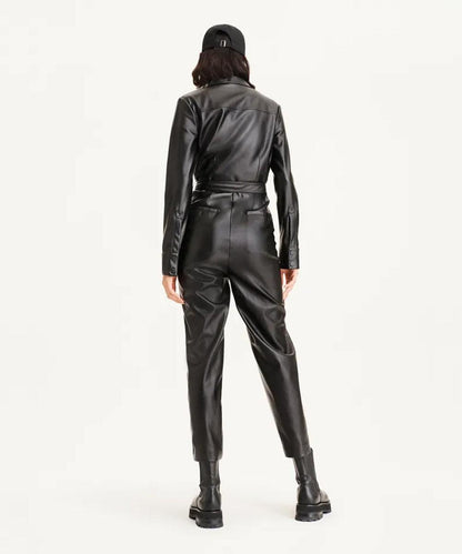 Women's Black Sheepskin Leather Dress Jumpsuit - Leather Loom