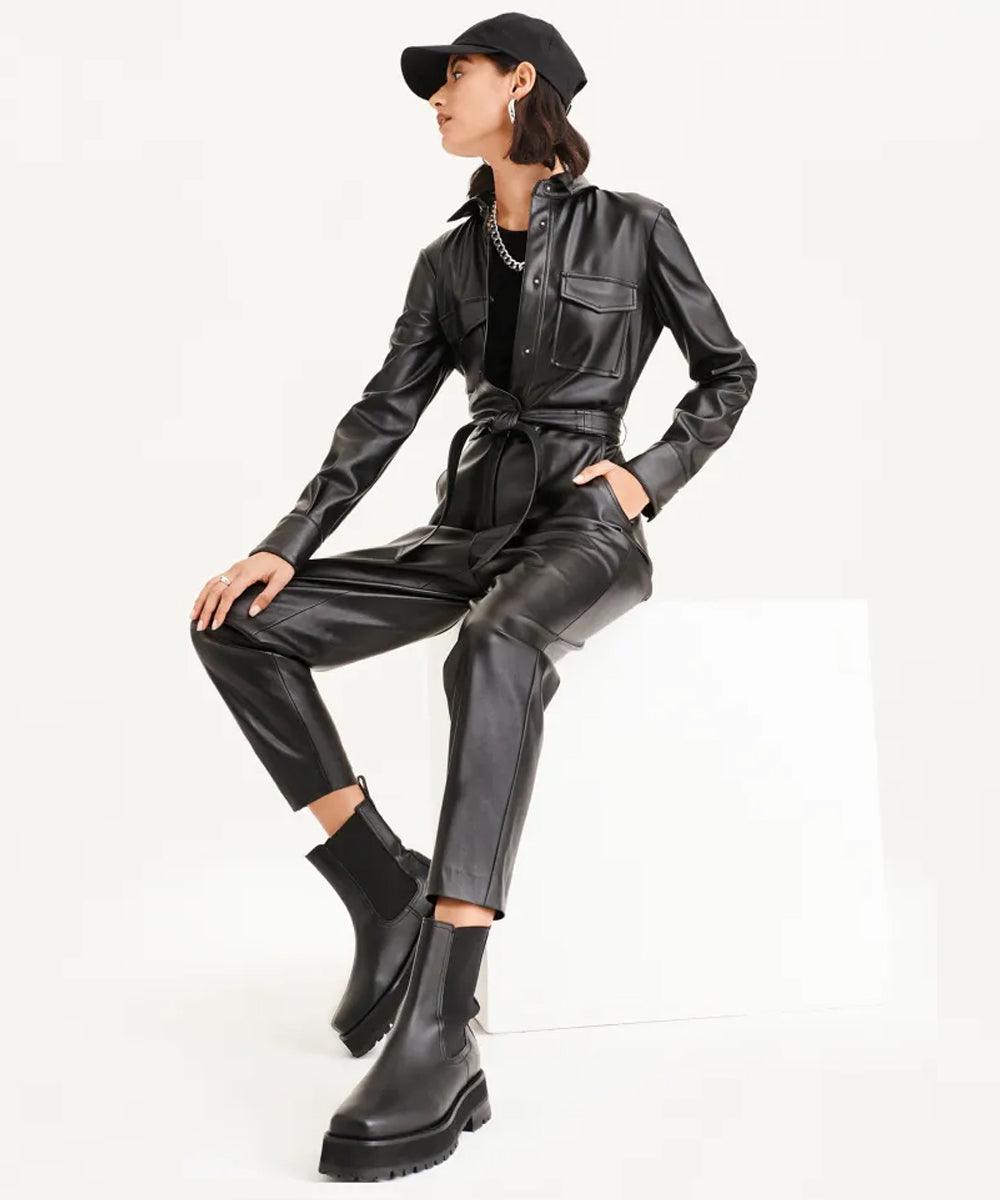 Women's Black Sheepskin Leather Dress Jumpsuit - Leather Loom