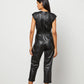 Women's Black Belted Utility Down Leather Jumpsuit - Leather Loom