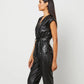Women's Black Belted Utility Down Leather Jumpsuit - Leather Loom