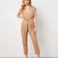 Women's Brown Faux Leather Belted Jumpsuit - Leather Loom