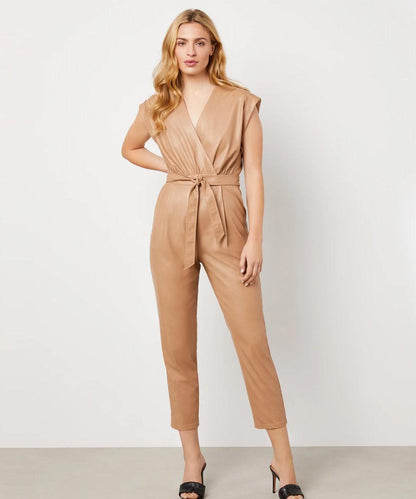 Women's Brown Faux Leather Belted Jumpsuit - Leather Loom