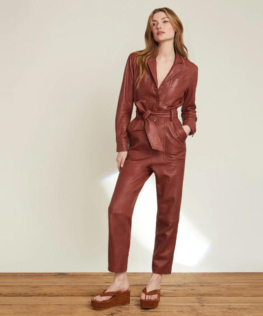 Women's Brown One Piece Belted Leather Jumpsuit - Leather Loom
