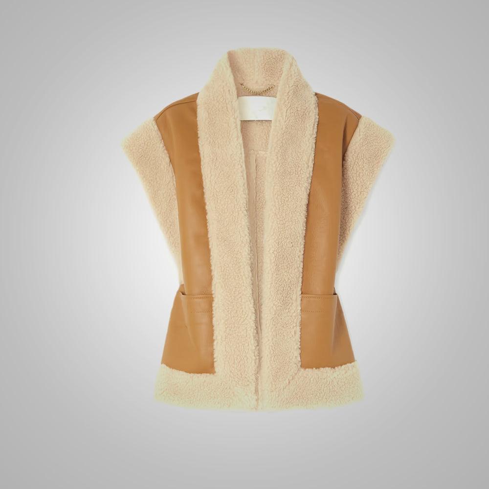 Women's Brown Thick Fur Shearling Sheepskin Leather Vest - Leather Loom