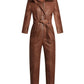 Women's Brown Utility Belted Leather jumpsuit - Leather Loom