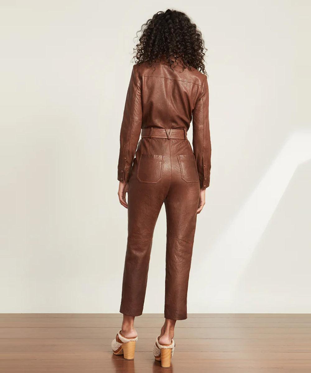 Women's Brown Utility Belted Leather jumpsuit - Leather Loom