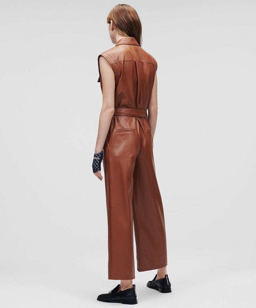Women's Brown Utility Real Leather Jumpsuit - Leather Loom