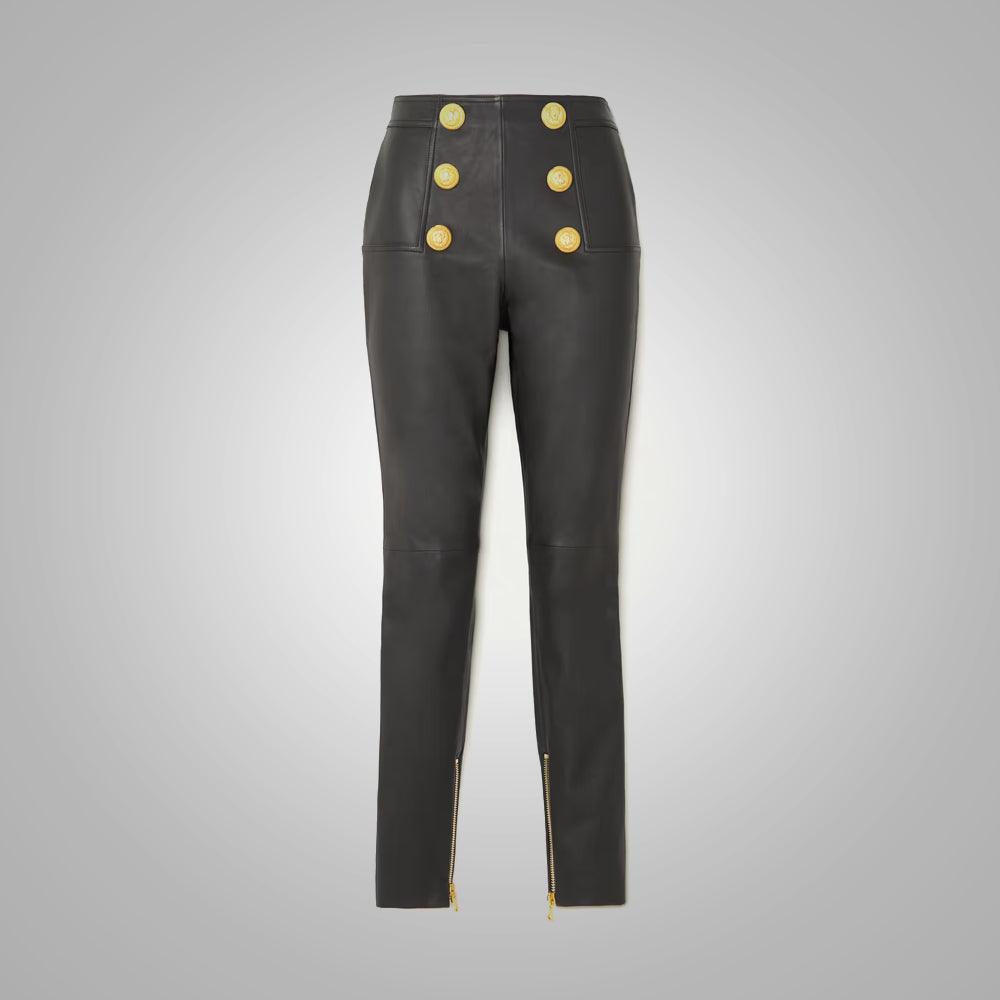 Women's Butt-flap Zipper Black Leather Pants - Leather Loom