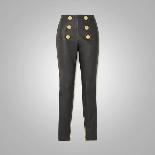 Women's Butt-flap Zipper Black Leather Pants - Leather Loom