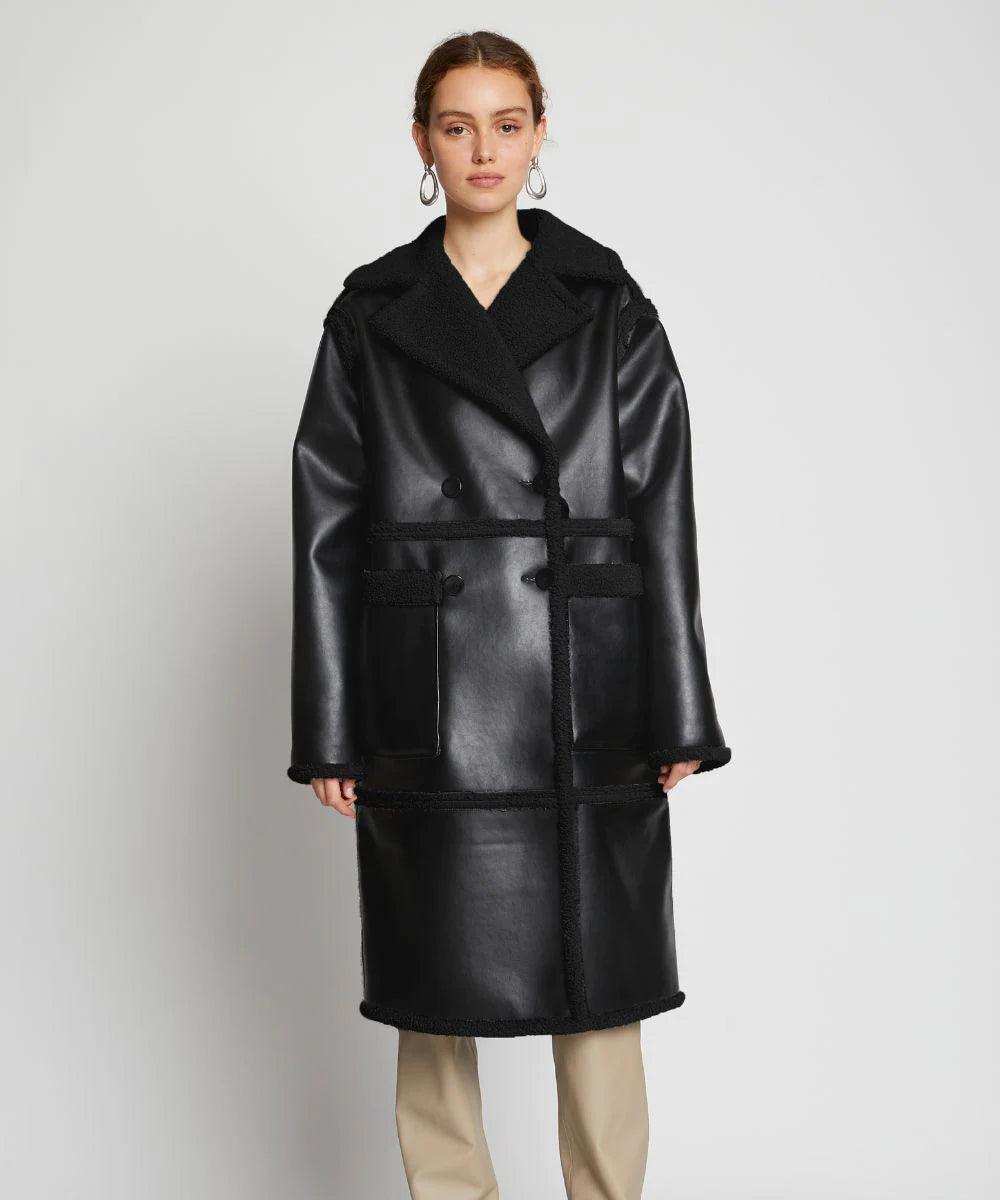 Women's Black Duster Sherpa Leather Trench Shearling Coat - Leather Loom