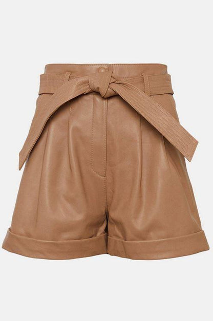 Women's High Waist Brown Leather Belted Shorts - Leather Loom