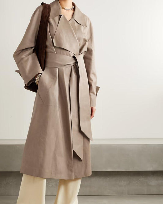 Women's Light Brown Leather Long Coat - Leather Loom