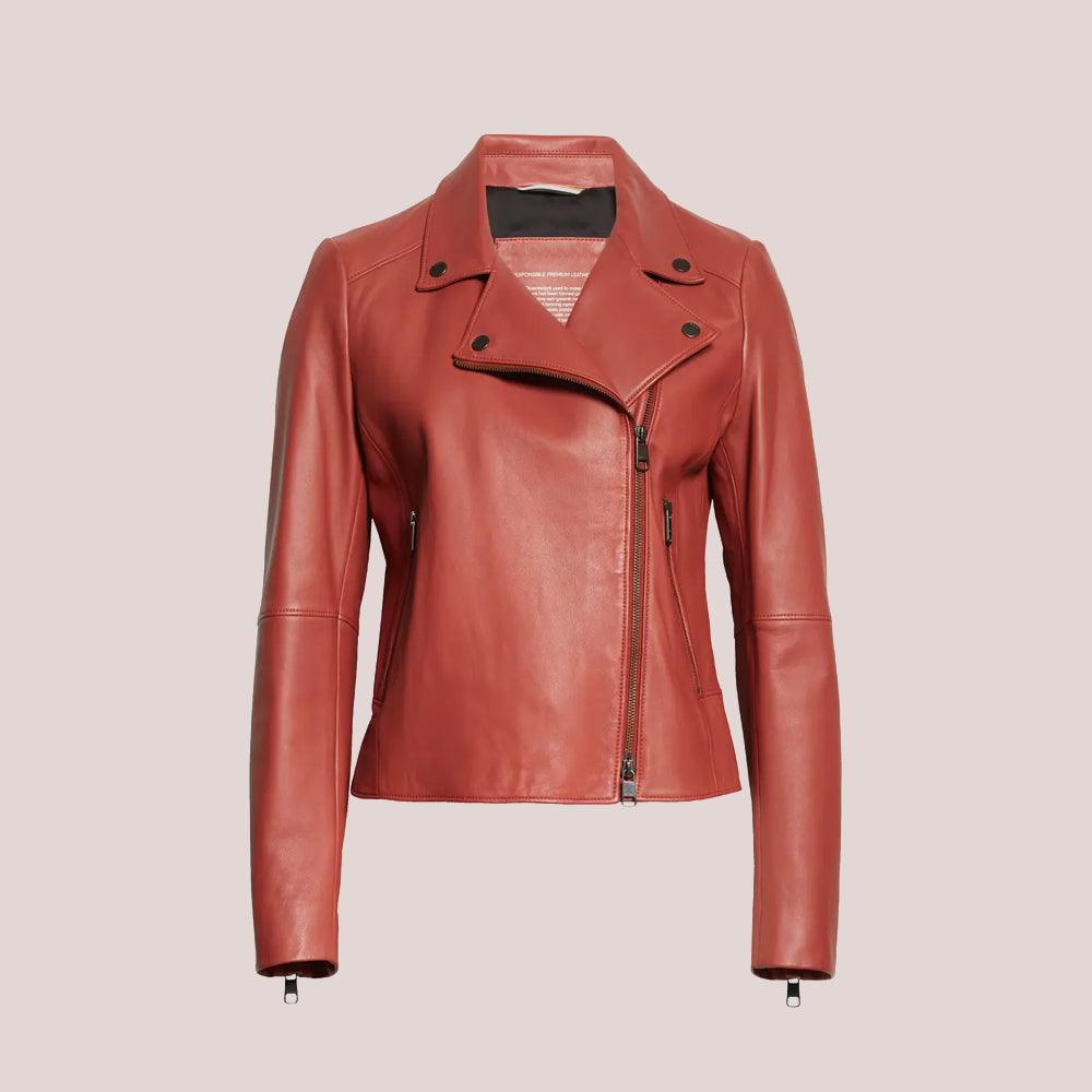 Women's Plain Red Leather Biker Jacket - Leather Loom