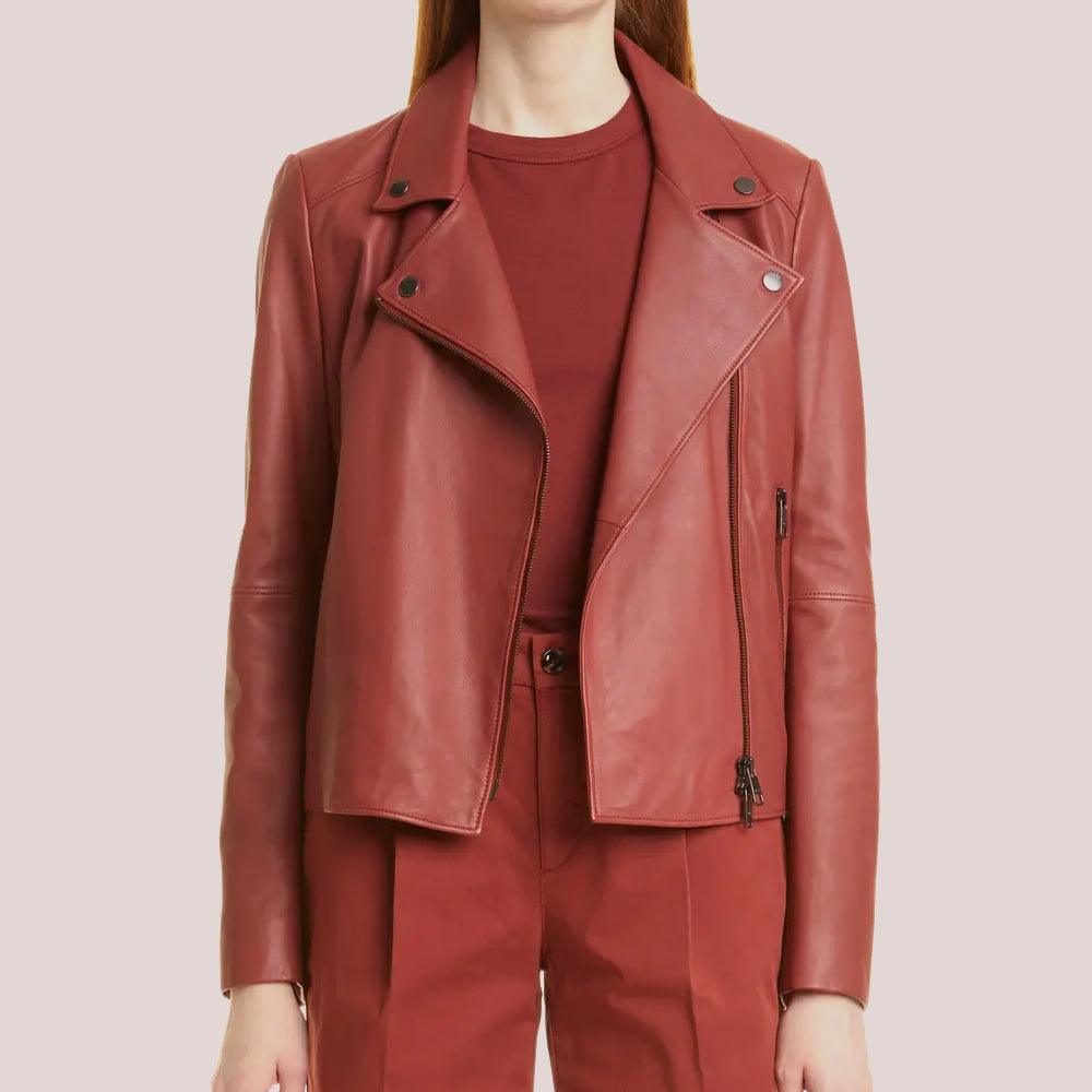 Women's Plain Red Leather Biker Jacket - Leather Loom
