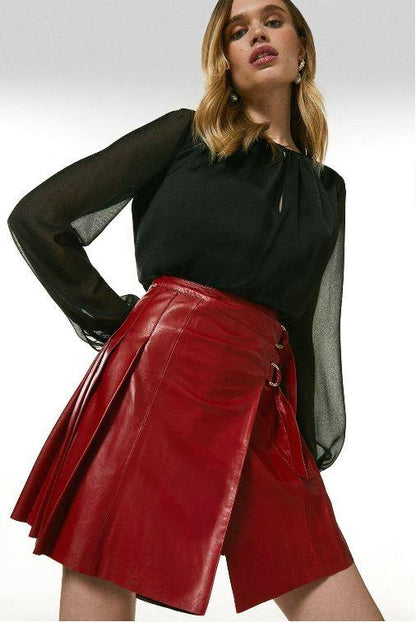 Women's Red Leather Buckle Kilt Skirt - Leather Loom