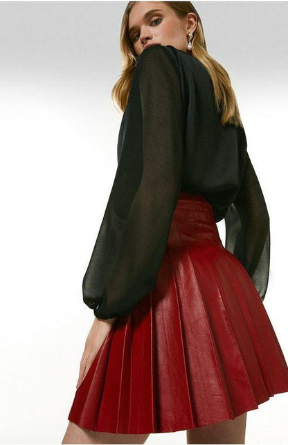 Women's Red Leather Buckle Kilt Skirt - Leather Loom