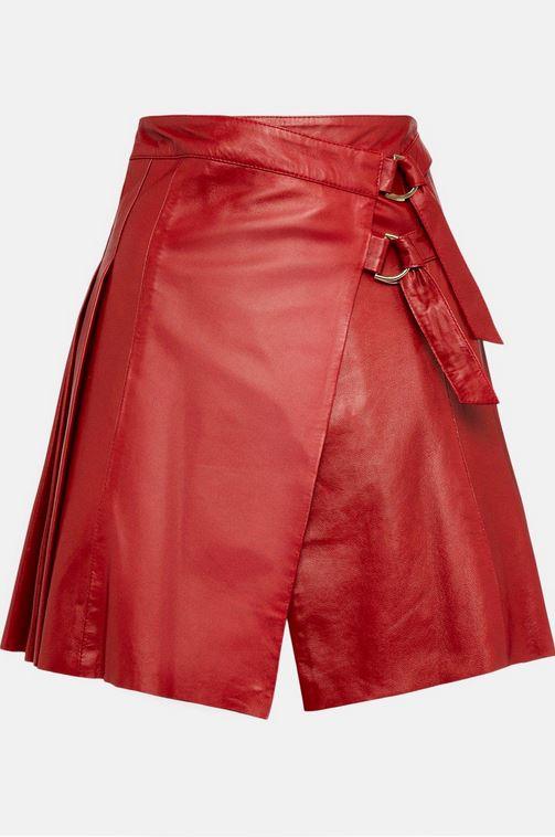 Women's Red Leather Buckle Kilt Skirt - Leather Loom