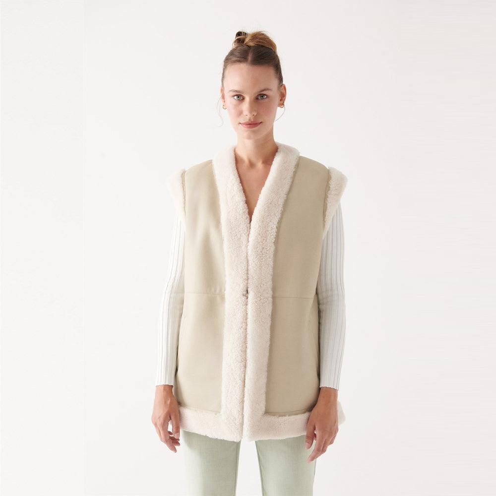 Women's Sheepskin Beige Leather Shearling Vest - Leather Loom