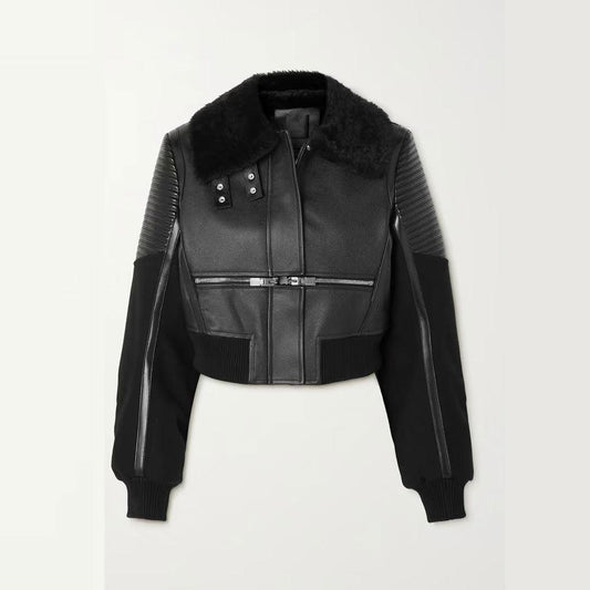 Women Black Shearling-trimmed textured-leather bomber jacket - Leather Loom