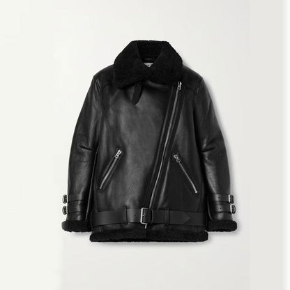 Black RAF B3 Trimmed Sheepskin Shearling Leather Biker Jacket - Leather Loom