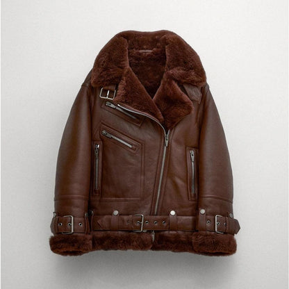 Women Brown Aviator Styled Sheepskin Shearling Leather Jacket - Leather Loom