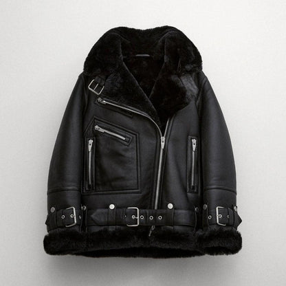 Black Women B3 RAF Aviator Styled Sheepskin Shearling Leather Jacket - Leather Loom