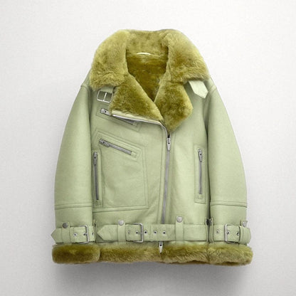 Women Light Green Aviator Styled Sheepskin Shearling Leather Jacket - Leather Loom