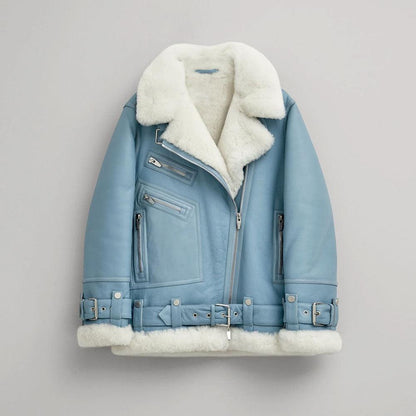 Women Light Blue B3 RAF Aviator Styled Sheepskin Shearling Leather Jacket - Leather Loom