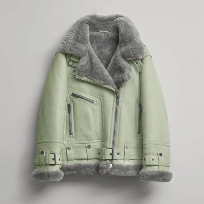 Women Green RAF Aviator  Styled Sheepskin Shearling Leather Jacket - Leather Loom