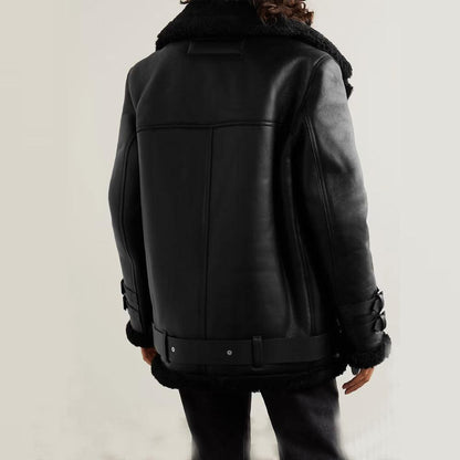 Black RAF B3 Trimmed Sheepskin Shearling Leather Biker Jacket - Leather Loom