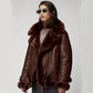Women Brown Aviator Styled Sheepskin Shearling Leather Jacket - Leather Loom