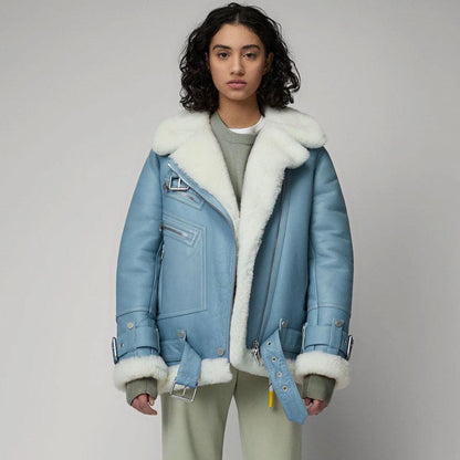 Women Light Blue B3 RAF Aviator Styled Sheepskin Shearling Leather Jacket - Leather Loom