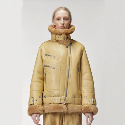 Women Light Brown RAF Aviator  Styled Sheepskin Shearling Leather Jacket - Leather Loom