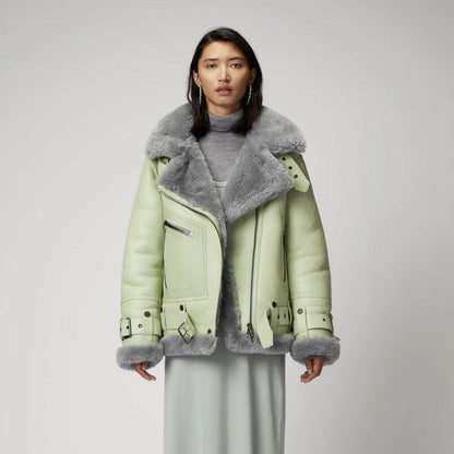 Women Green RAF Aviator  Styled Sheepskin Shearling Leather Jacket - Leather Loom