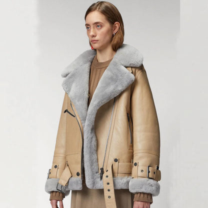 Women RAF Aviator Styled Lambskin Shearling Leather Jacket - Leather Loom