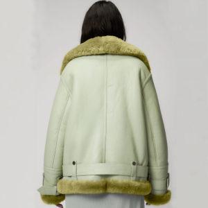 Women Light Green Aviator Styled Sheepskin Shearling Leather Jacket - Leather Loom