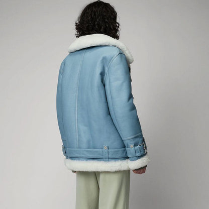 Women Light Blue B3 RAF Aviator Styled Sheepskin Shearling Leather Jacket - Leather Loom