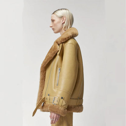 Women Light Brown RAF Aviator  Styled Sheepskin Shearling Leather Jacket - Leather Loom